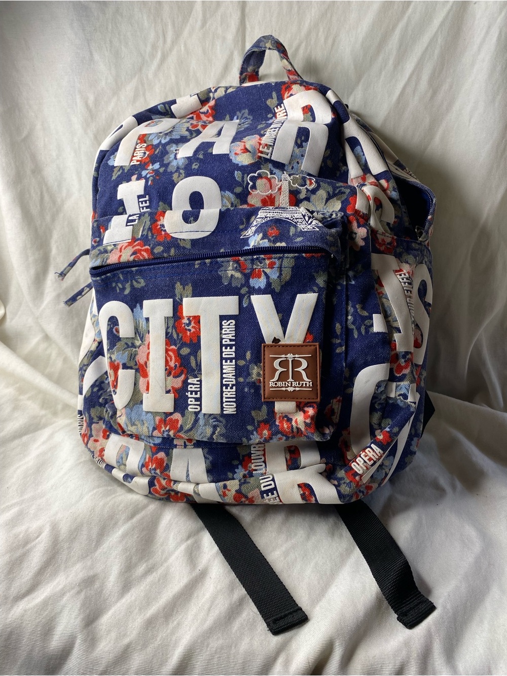 Robin Ruth Navy Floral Logo Backpack with Red & Cream Accents